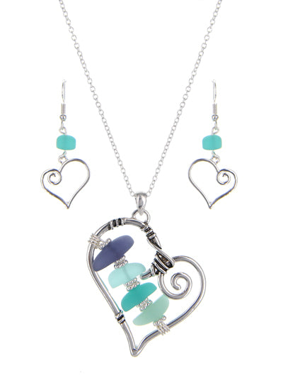 Sea Glass Heart Necklace Set
